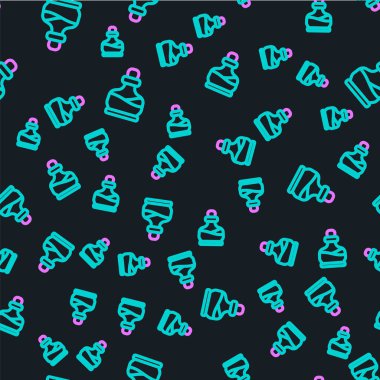 Siyah zemin üzerinde iksir ikonu olan çizgi şişesi izole edilmiş pürüzsüz desen. Sihirli iksirli matara. Mutlu Cadılar Bayramı Partisi. Vektör