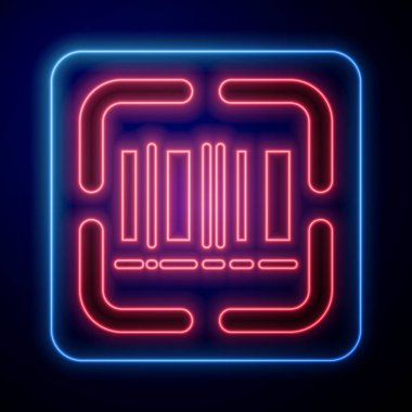 Parlayan neon tarayıcı siyah arkaplanda izole edilmiş barkod simgesi tarıyor. Barkod etiketi. Parmaklıklı teslimat için kimlik. Vektör