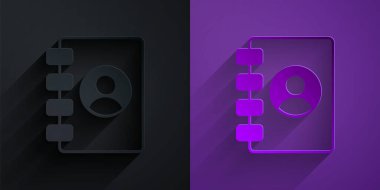 Kağıt kesiği adres defteri simgesi mor arkaplanda siyah üzerine izole edilmiş. Not defteri, adres, bağlantı, rehber, telefon, telefon rehberi simgesi. Kağıt sanatı tarzı. Vektör