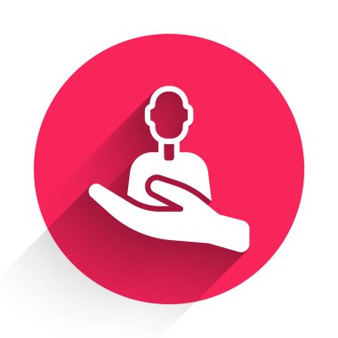 Beyazların uzun gölgeli ikona bakması. Müşteri hizmetleri tabelası. Hasta bakımı ikonu. Servis desteği. Kırmızı daire düğmesi. Vektör