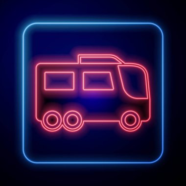 Parlayan neon otobüs simgesi siyah arkaplanda izole edildi. Ulaşım konsepti. Otobüs turu nakliyesi. Turizm ya da kamu aracı sembolü. Vektör