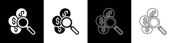 Set Search for money icon isolated on black and white background. Vector