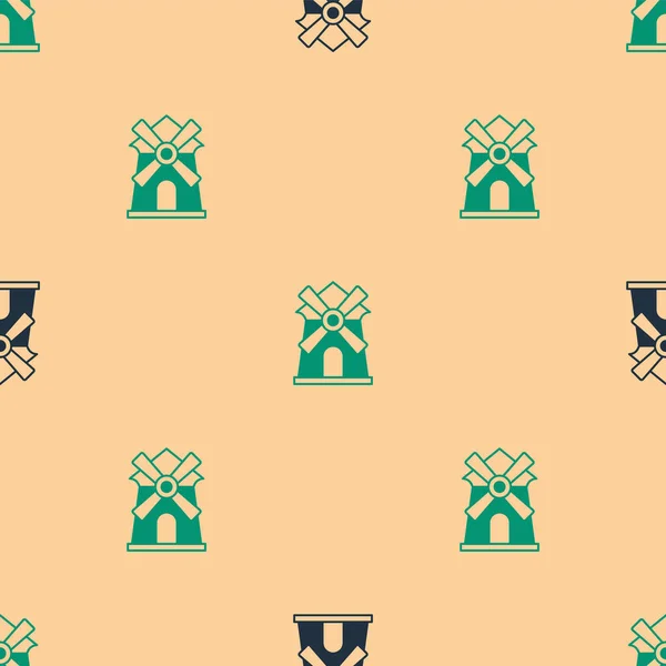 Green and black Windmill icon isolated seamless pattern on beige background. Vector — Διανυσματικό Αρχείο