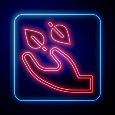 Elde parlayan neon çay yaprağı simgesi siyah arkaplanda izole edilmiş. Çay yaprakları. Vektör