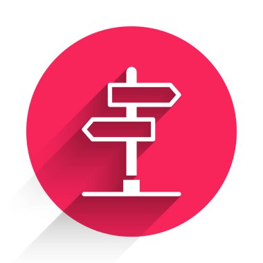 Beyaz Yol trafik tabelası. Sinyal direği simgesi uzun gölge arkaplanı ile izole edildi. İşaretçi sembolü. İzole sokak bilgi levhası. Yön tabelası. Kırmızı daire düğmesi. Vektör