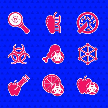 Gmo araştırma tavuğu, genetiği değiştirilmiş portakal, elma, GDO, biyolojik tehlike sembolü, bakterili ve büyüteç ikonlu Petri kabı. Vektör