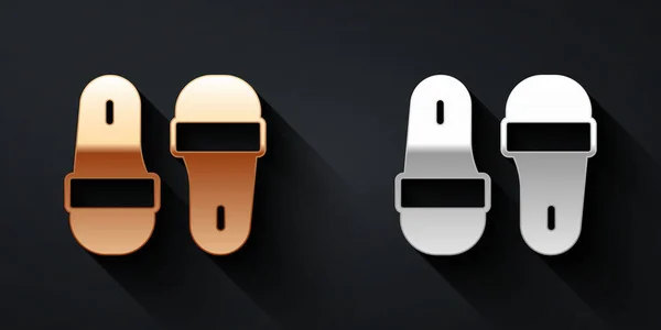 Gold and silver Sauna slippers icon isolated on black background. Long shadow style. Vector — 图库矢量图片