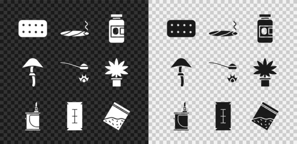 Hapları su toplayan pakete koy, dumanlı puro, ilaç şişesi ve haplar, elektronik sigara, jilet, plastik uyuşturucu torbası, Psilocybin mantarı ve eroin kaşık ikonu. Vektör