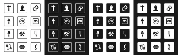 Set Gear, Electrical outlet, Trowel, Hammer, Worker safety helmet, Hacksaw and icon. Vector — Image vectorielle