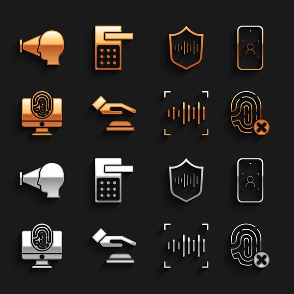 Set Palm print recognition, Mobile and face, Rejection fingerprint, Voice, Monitor with, Shield voice, Face and Digital door lock icon. Vector — Vetor de Stock