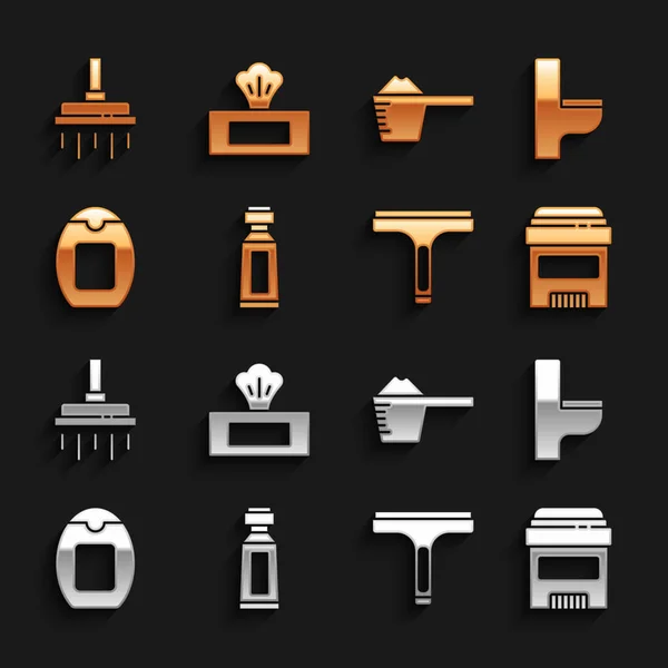 Set Tube fogkrém, WC tál, izzadásgátló dezodor tekercs, Gumi tisztító, Palack sampon, Mosópor, Zuhanyfej és nedves törlőkendő ikon. Vektor — Stock Vector