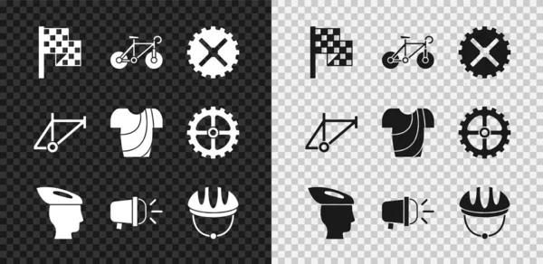 Set Checkered flag, Bicycle, sprocket crank, helmet, head lamp, frame and Cycling t-shirt icon. Vector — Stockvektor