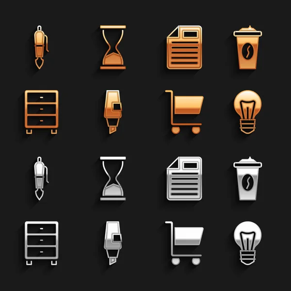 Set Marker pen, Coffee cup to go, Light bulb, Shopping cart, Archive papers drawer, File document, Fountain nib and Old hourglass icon. Vector — Stock Vector