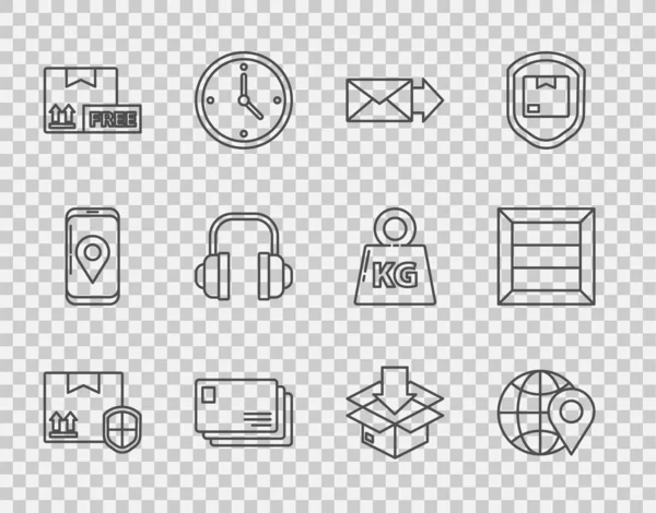Set line Delivery pack security with shield, Location on the globe, Envelope, Cardboard box free symbol, Headphones, traffic and Wooden icon. Vector — Vetor de Stock
