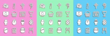 Set line Mask with long bunny ears, Easter egg, Christian chalice, cross, cake, Speech bubble easter, happy and Calendar Happy icon. Vector