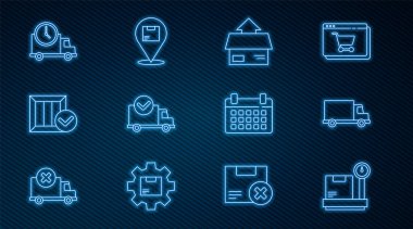 Karton kutu, kargo kamyonu, kargo aracı, kargo damgası, tahta, lojistik dağıtım ve saat, takvim ve konum simgesi ile aynı ölçekte ayarla. Vektör