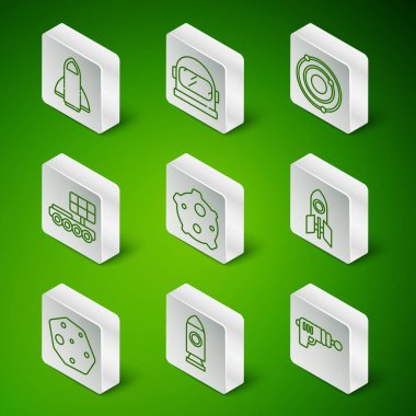 Ray silahı, roket gemisi, göktaşı, Mars gezgini, astronot miğferi ve ikon. Vektör