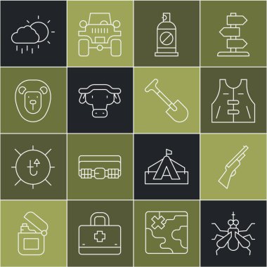 Sivrisinek, av silahı, ceket, böceklere karşı sprey, Afrika bufalosu kafası, vahşi aslan, yağmur ve kürek ikonu olan bulut. Vektör