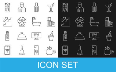 Sıralı kahve fincanı, buz kovasında şampanya, valiz, beş yıldızlı değerlendirme merdivenler, otel binası ve duş ikonlu küvet. Vektör