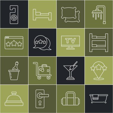 Banyo küveti, beş yıldızlı değerlendirme, otel odası yatağı, yastık lütfen rahatsız etmeyin ve Akıllı TV ikonu. Vektör