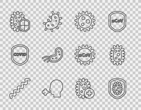 Set line Virus, Shield protecting from virus, Man coughing, Positive and icon. Vector — стоковый вектор