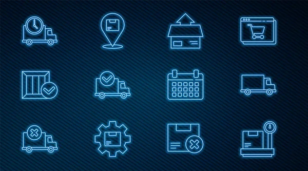 Karton kutu, kargo kamyonu, kargo aracı, kargo damgası, tahta, lojistik dağıtım ve saat, takvim ve konum simgesi ile aynı ölçekte ayarla. Vektör