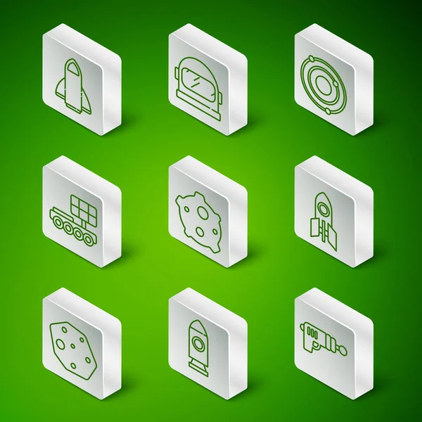 Ray silahı, roket gemisi, göktaşı, Mars gezgini, astronot miğferi ve ikon. Vektör