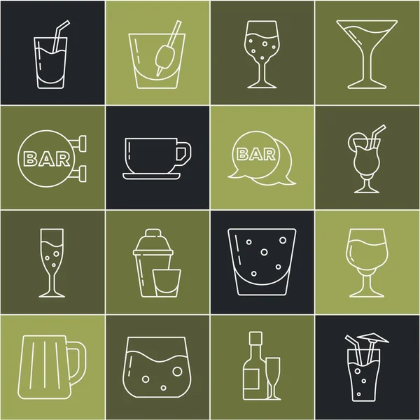 Ställ in linje Cocktail, vinglas, glas champagne, kaffekopp, Street skylt med bar och ikon. Vektor — Stock vektor