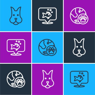 Set hattı Dog, Dünya evcil hayvanı ve Balık ikonu. Vektör