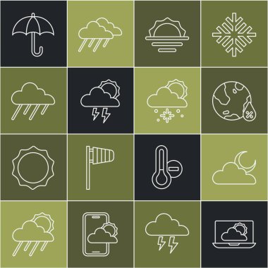 Hava tahminlerini belirle, Ay 'lı Bulut, Su damlası yüzdesi, Gündoğumu, Fırtına, Yağmur, Şemsiye, Kar ve Güneş ikonu. Vektör