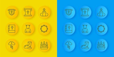 Tanrı 'nın yardım elini, kutsal İncil kitabını Krampus' u, yanan mum mumunu, dikenli tacı, Hıristiyan haçlı bayrağı, kilise kulesini ve ikonunu ayarla. Vektör