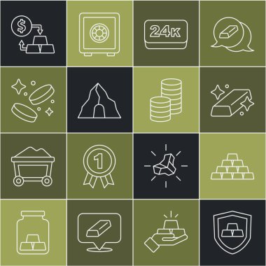 Altın külçeleri kalkan, 24 bin, maden, bozuk para, takas ve ikon ile ayarlayın. Vektör