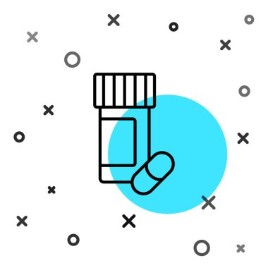 Siyah çizgi ilaç şişesi ve beyaz arka planda izole edilmiş hap ikonu. Şişe hapı işareti. Eczane tasarımı. Rastgele dinamik şekiller. Vektör