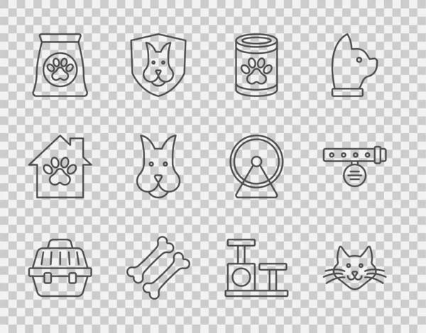 Set line Maleta de transporte para mascotas, Gato, Alimentos enlatados, Hueso de perro, Bolsa de para mascotas, poste de rascado con juguete e icono de etiqueta de nombre de collar. Vector — Archivo Imágenes Vectoriales