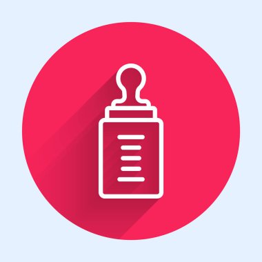 Beyaz çizgi bebek şişesi ikonu uzun gölge arkaplan izole. Beslenme şişesi simgesi. Süt şişesi tabelası. Kırmızı daire düğmesi. Vektör