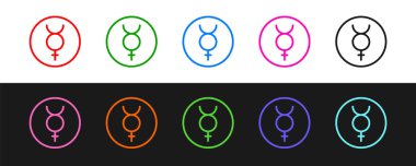 Siyah ve beyaz arkaplanda izole edilmiş Merkür ikonunun Kadim astrolojik sembolünü belirle. Astroloji gezegeni. Zodiac ve astroloji işareti. Vektör