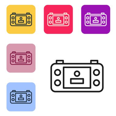 Siyah çizgi taşınabilir oyun konsolu simgesi beyaz arkaplanda izole edildi. El bilgisayarı oyun konsolu. Renkli kare düğmelerle simgeleri ayarla. Vektör