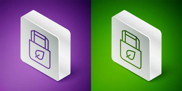 Isometric line Paper shopping bag with recycle icon isolated on purple and green background. Bag with recycling symbol. Silver square button. Vector — Stok Vektör