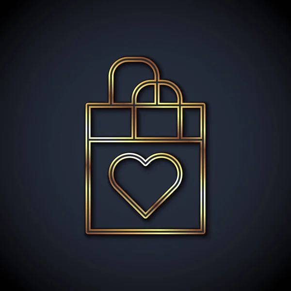Χρυσή γραμμή Τσάντα αγορών με εικονίδιο καρδιά απομονώνονται σε μαύρο φόντο. Ψώνια τσάντα κατάστημα αγάπη σαν εικονίδιο καρδιά. Ευτυχισμένη ημέρα του Αγίου Βαλεντίνου. Διάνυσμα — Διανυσματικό Αρχείο