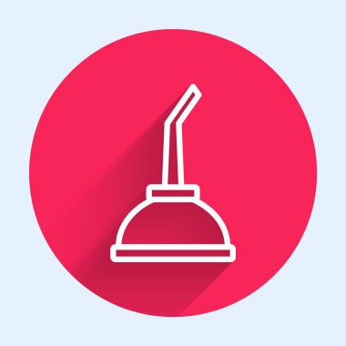 Motor makine yağı ikonu için beyaz çizgi kutusu uzun gölge arkaplanı ile izole edilmiş. Benzin bidonu. Yağ değiştirme ve onarım servisi. Kırmızı daire düğmesi. Vektör