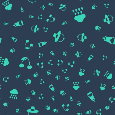 Kamp şapkasını, yağmurlu Bulut 'u, kiraz ve sos şişesini pürüzsüz bir şablona ayarla. Vektör