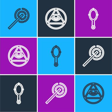 Sihirli değnek, el aynası ve mason simgesi ayarla. Vektör