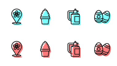 Gübre için bahçe spreyi, çiçekli konum, kaktüs kaktüsü ve paskalya yumurtası ikonu. Vektör