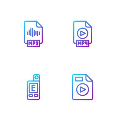 Satır AVI dosya belgesi, Işık ölçer, MP3 ve MP4 'ü ayarla. Renk simgeleri. Vektör