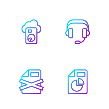 Grafik grafiği, dosya belgesini, Bulut veritabanını ve Kulaklıkları ile satır belgesini ayarla. Renk simgeleri. Vektör