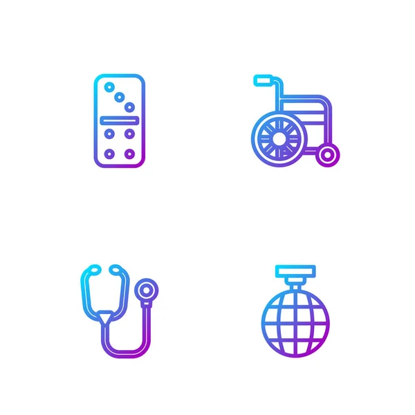 Set line Disco ball, Stethoscope, Domino y Silla de Ruedas. Iconos de color degradado. Vector — Archivo Imágenes Vectoriales