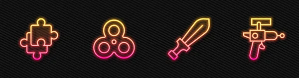 Set baris mainan Pedang, potongan-potongan Puzzle, Fidget pemintal dan pistol Ray. Glowing ikon neon. Vektor - Stok Vektor