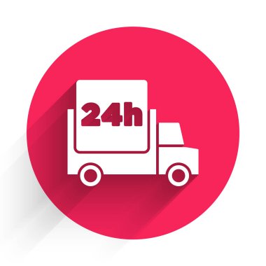 Beyaz Hızlı, uzun gölgeli bir araba ikonu ile 24 saat teslimat yapıyor. Kırmızı daire düğmesi. Vektör