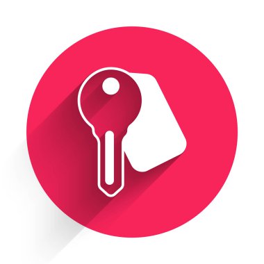 Beyaz Otel kapı kilidi simgesi uzun gölgeli izole edilmiş. Kırmızı daire düğmesi. Vektör