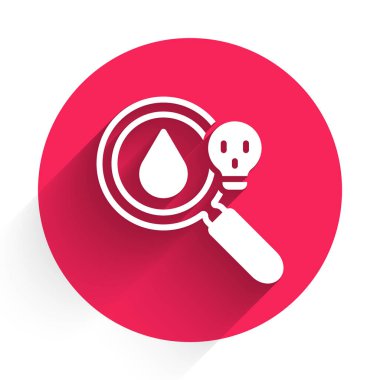 Beyaz Zehirli Araştırma Büyüteç ikonu uzun gölge arkaplanı ile izole edilmiş. Kırmızı daire düğmesi. Vektör